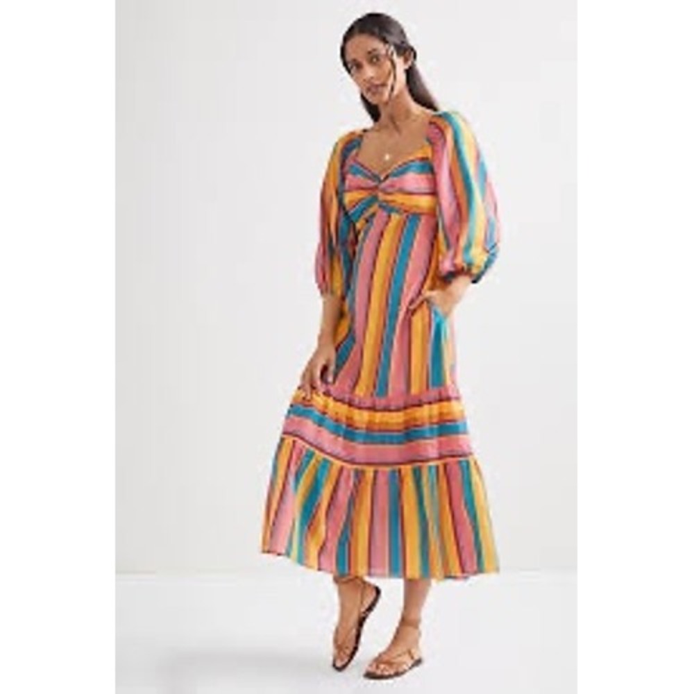 Farm Rio for Anthropologie Striped Puff Sleeve Maxi Dress Multicolor Size M NWT